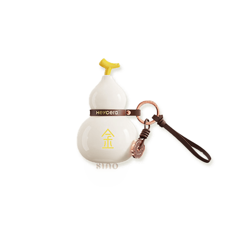 White Metal element porcelain Hulu bag charm with a yellow accent, gold Metal symbol, brown leather strap, and metal ring.