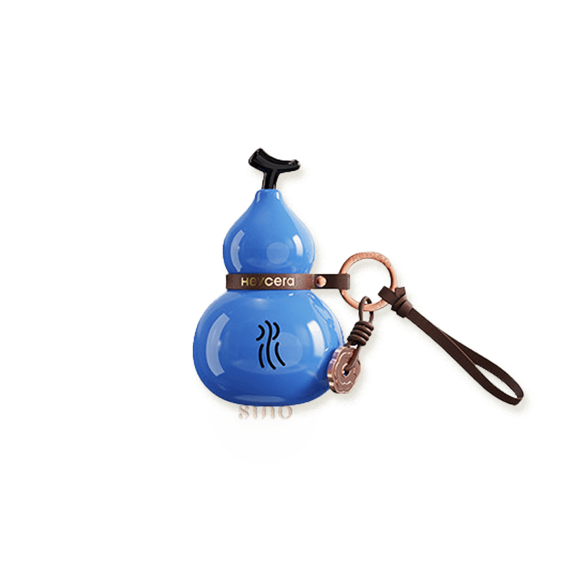 Blue Water element porcelain Hulu bag charm with a glossy finish, Water symbol, brown leather strap, and metal ring.