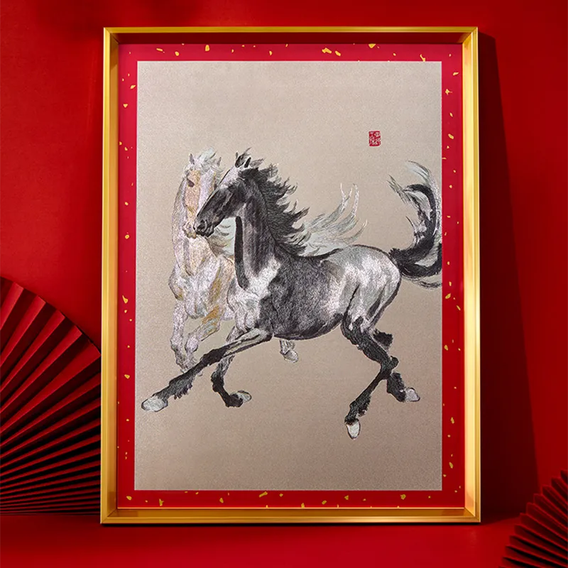2026 Year of the Horse "Galloping Two Horses" Chinese Art Wall Decor – Traditional red background artwork featuring two running horses.