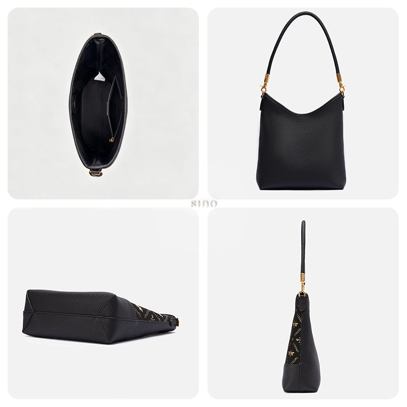 Interior, leather back, structured base, and side profile of the Gilded Jade shoulder bag.