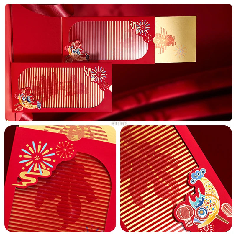 Close-up of a red Chinese New Year red envelope featuring a striped window, gold accents, fireworks, and colorful traditional Chinese decorative artwork.