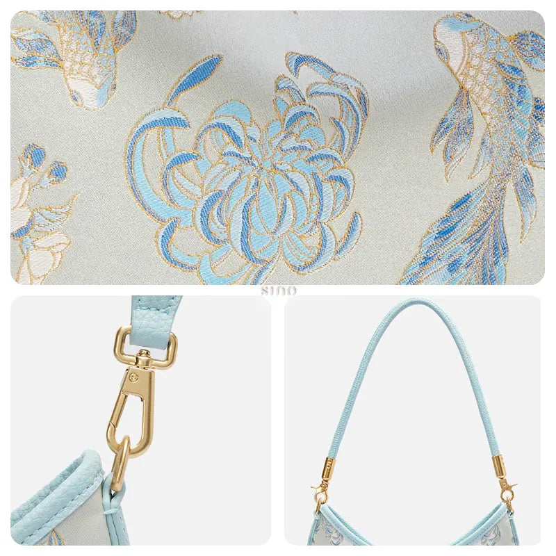 Close-up of the Golden Jade Romance Shu Brocade motif featuring blue koi fish, flowers, gold outlines, and leather hardware.