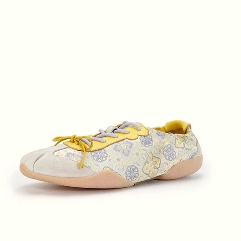 Golden Yellow Shu Brocade ballet sneakers for women featuring Persimmon Motif embroidery, lace-up design, and elegant Oriental textile details.