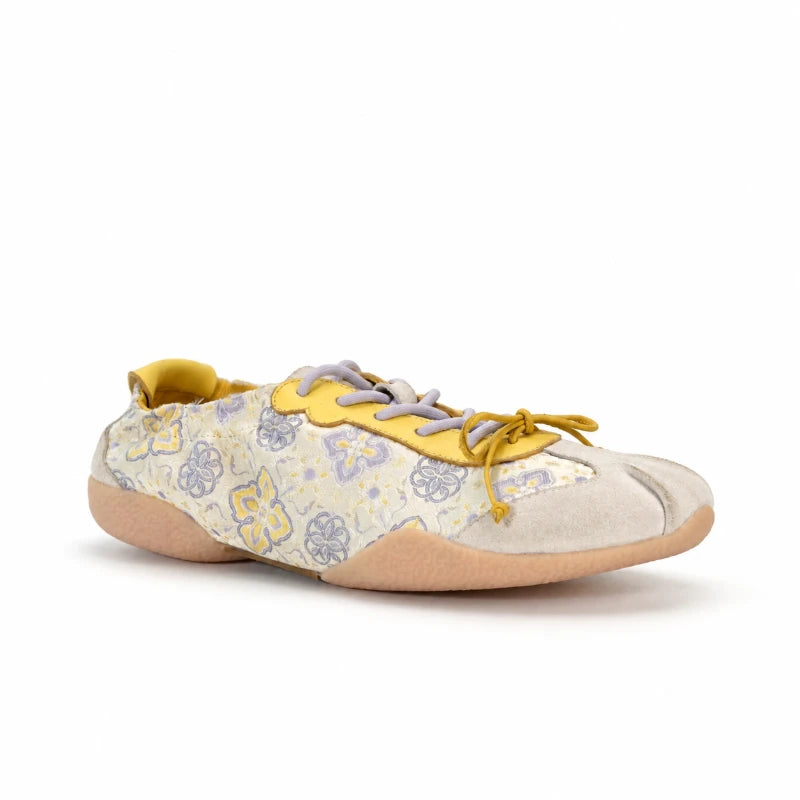 Golden Yellow Shu Brocade Persimmon Motif ballet sneakers for women showcasing the soft color palette and traditional Chinese textile artistry.
