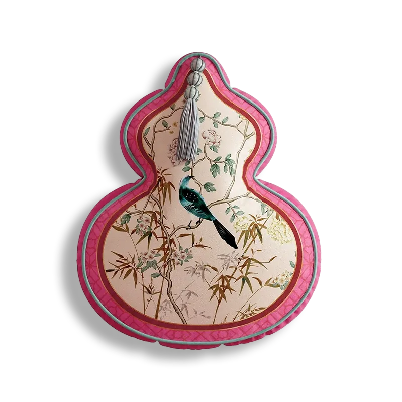 Gourd shape chinoiserie window lattice birds blossoms pillow, style A.