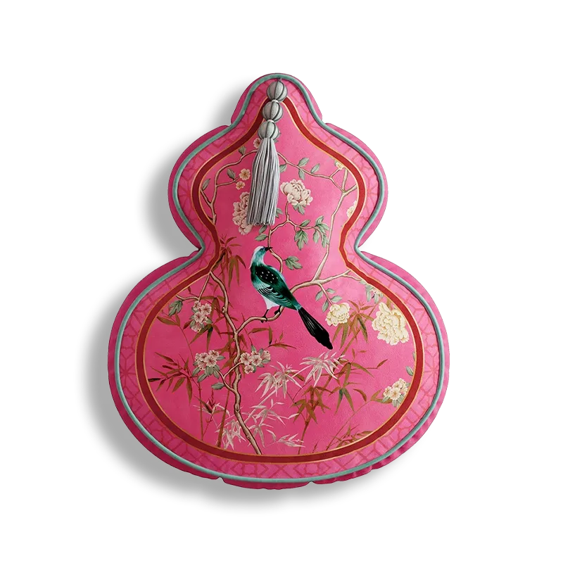 Gourd shape chinoiserie window lattice birds blossoms pillow, style B.