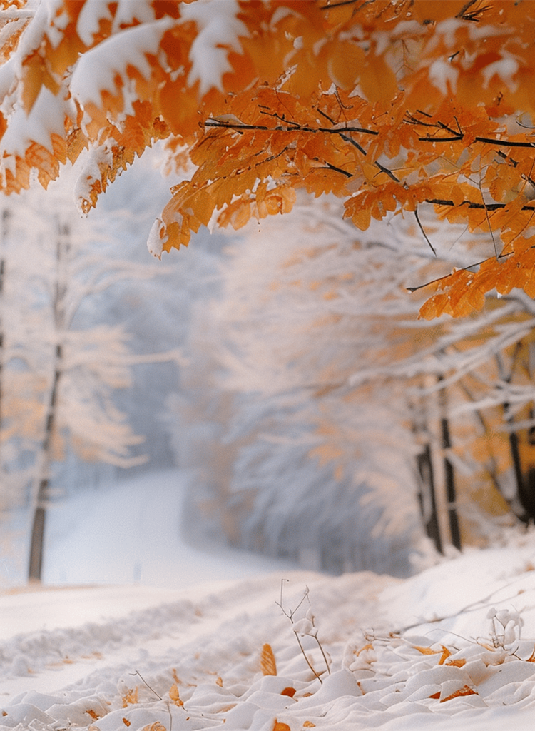 Snowy path with autumn leaves and trees during Greater Snow (Daxue) - peaceful winter landscape.