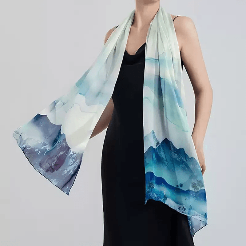100% Mulberry Silk Ink Wash Landscape Design Long Scarf 180 x 50 Cm - SinoCultural -- LS076-1