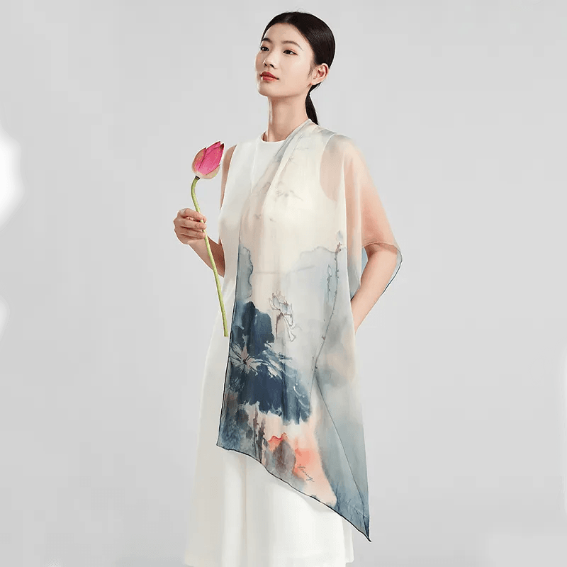 100% Mulberry Silk Ink Lotus Serene Design Long Scarf 180 x 50 Cm - SinoCultural -- LS075-1