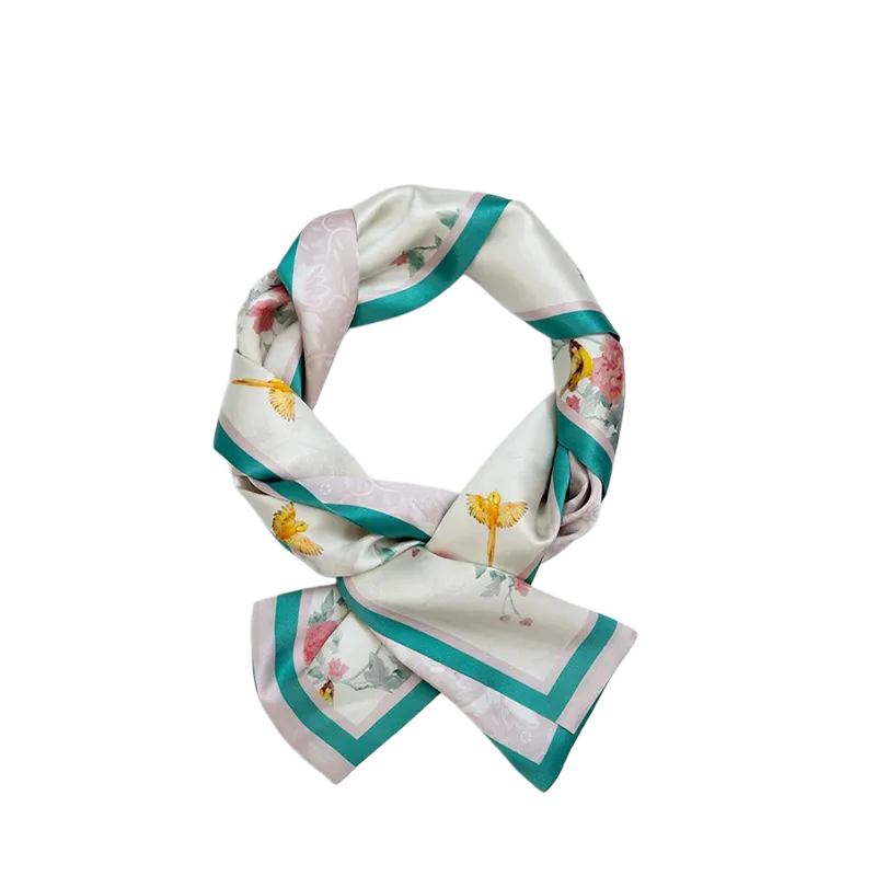 Green-edge Luxury Nanjing Brocade Peony & Bird mulberry silk square scarf rolled for product display.
