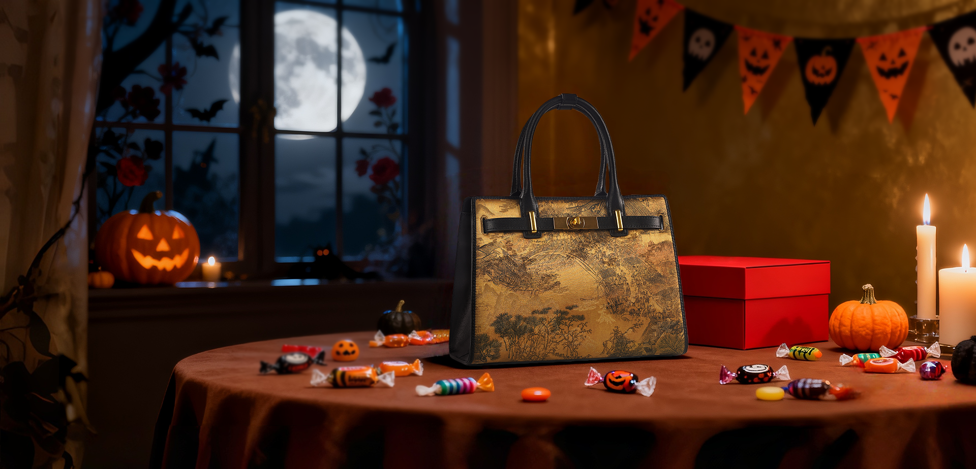 Halloween homepage banner featuring a golden landscape handbag, pumpkins, candles, candy, and a cozy spooky vibe (full moon, bunting).