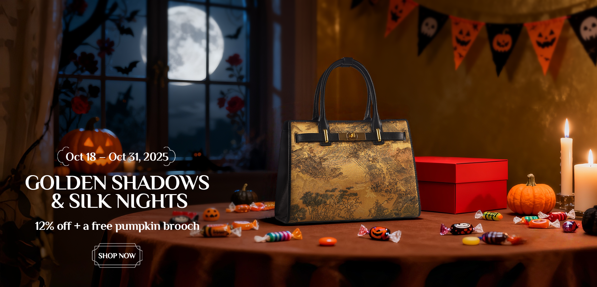 Halloween homepage banner featuring a golden landscape handbag, pumpkins, candles, candy, and a cozy spooky vibe (full moon, bunting).