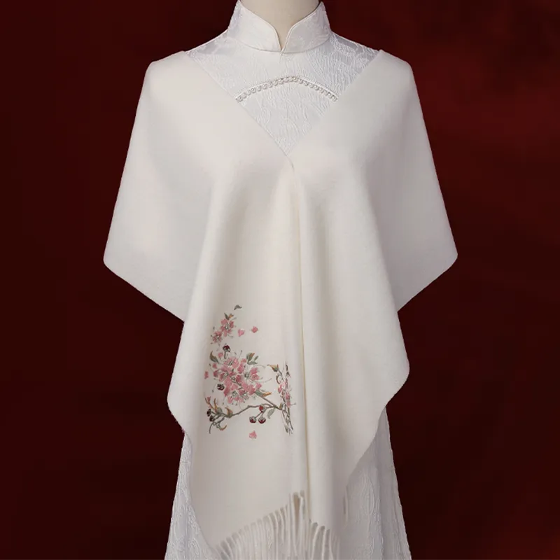 Luxury camellia embroidered cashmere scarf in gift box, 180x30 cm.