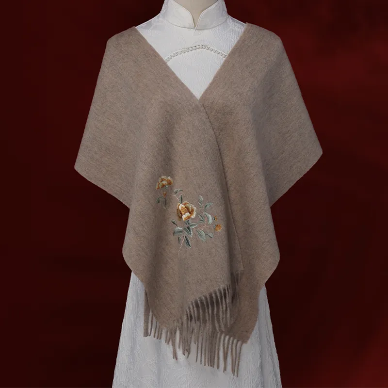 Luxury Chinese rose embroidered cashmere scarf in gift box, 180x30 cm.