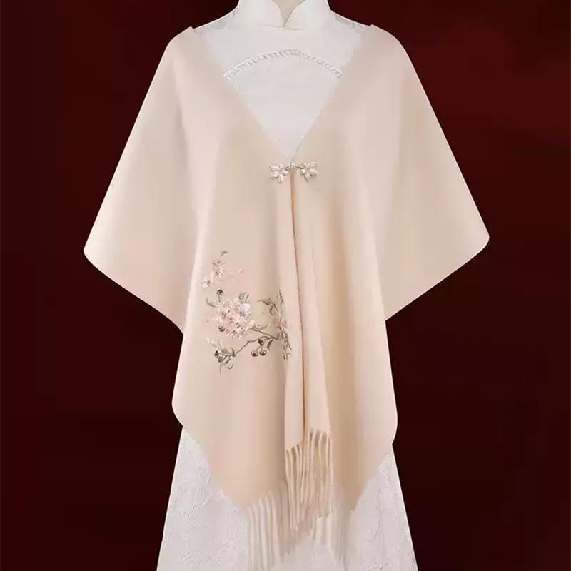 Handcrafted plum blossom embroidery on luxury cashmere scarf in gift box.