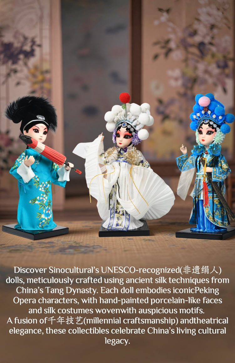 Traditional handcrafted Chinese silk dolls in vibrant costumes with auspicious symbols, showcasing非遗 craftsmanship.