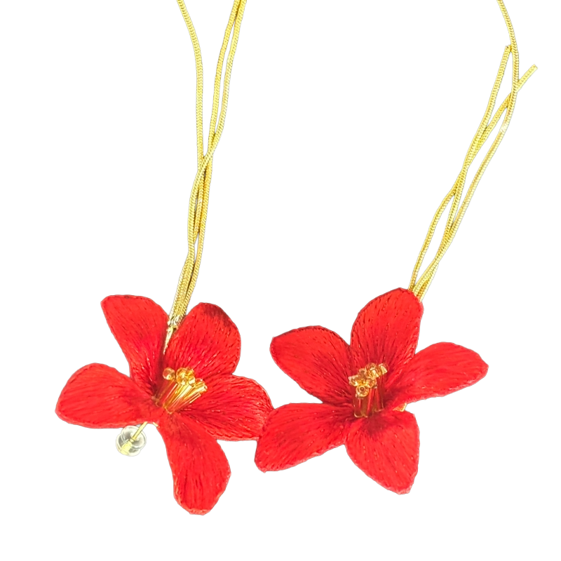 Front view of handmade red kapok flower drop earrings with gold-tone chains and embroidered silk petals.