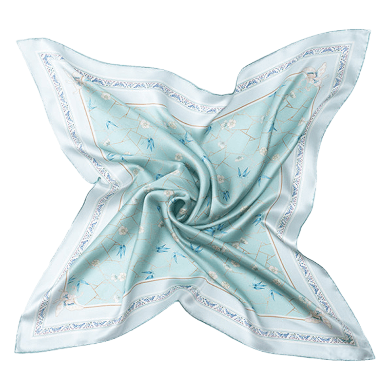 Blue-green Ice-Crack Plum & Bamboo Mulberry Silk Square Scarf arranged in a flowing draped style with floral and geometric motifs.