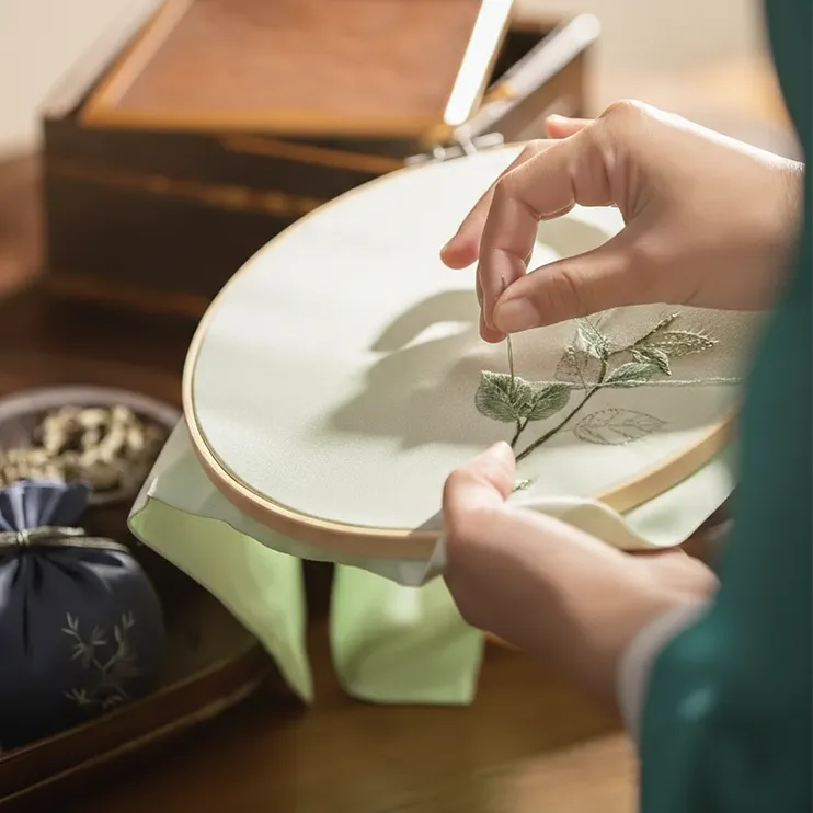 Artisan hand-embroidering floral design, honoring Chinese cultural heritage.