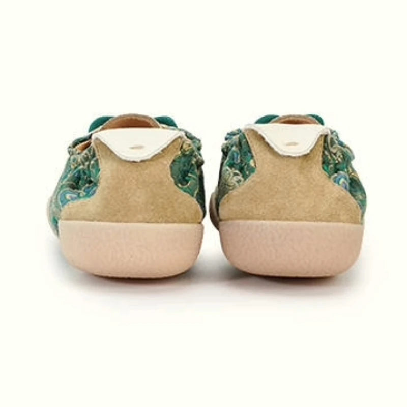 Jade Green Shu Brocade ballet sneakers for women with a rear view showing the elegant heel design and handcrafted textile details.