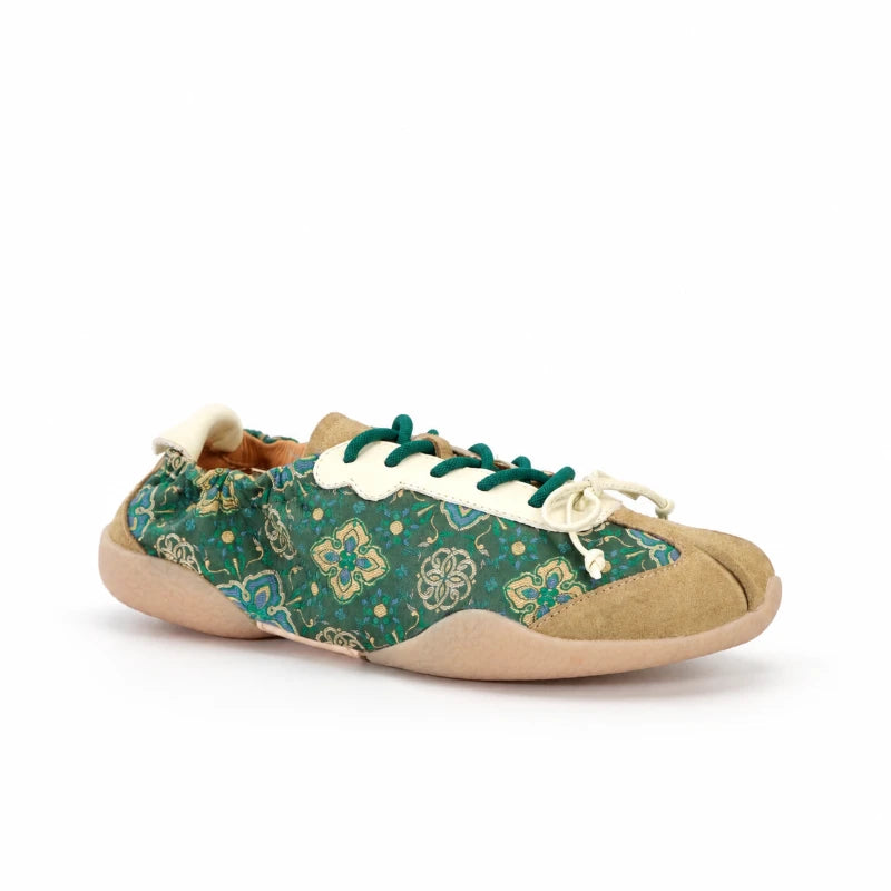Jade Green Shu Brocade Persimmon Motif ballet sneakers featuring delicate patterns, suede details, and a lightweight modern silhouette.