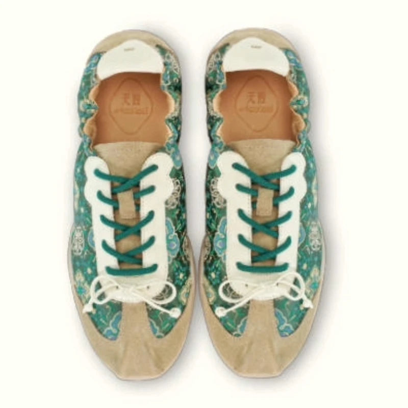 Jade Green Shu Brocade Persimmon Motif ballet sneakers shown from the top, highlighting the traditional Chinese woven pattern and lace details.