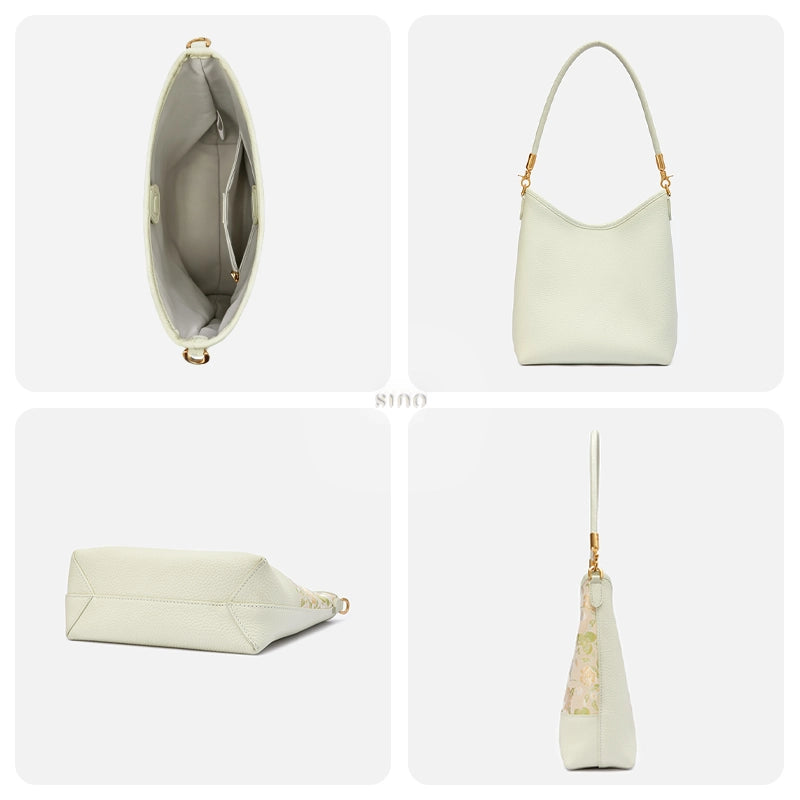Interior, pale green leather back, structured base, and side profile of the Jasmine Green Plum shoulder bag.
