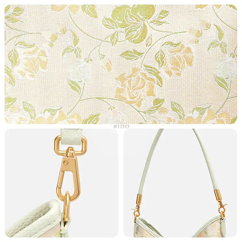 Close-up of the Jasmine Green Plum Song Brocade floral motif, pale green leather strap, and gold-tone hardware.