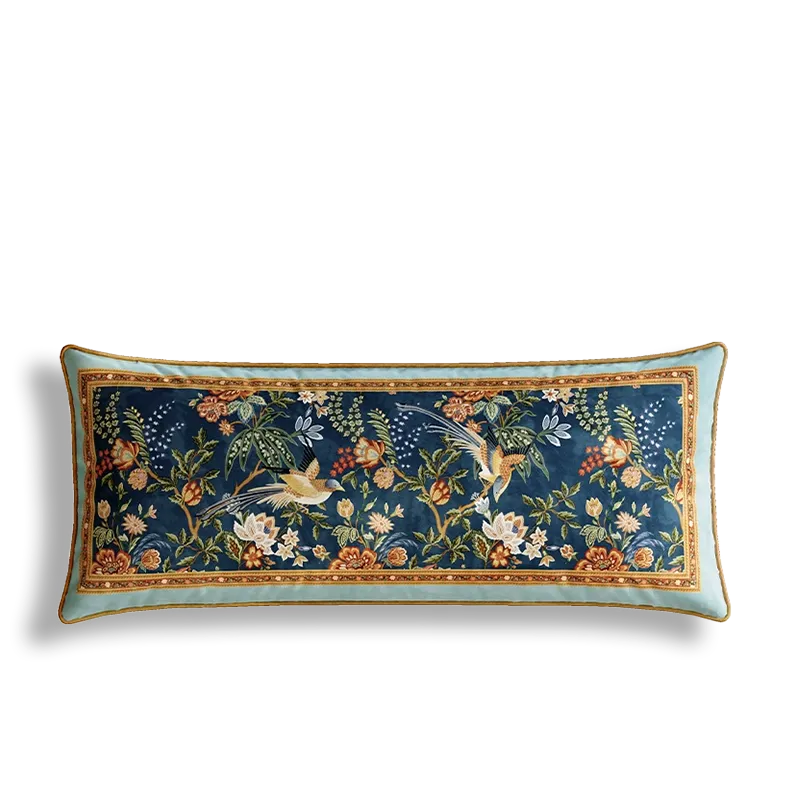 Luxury chinoiserie watercolor birds blossoms lumbar pillow.