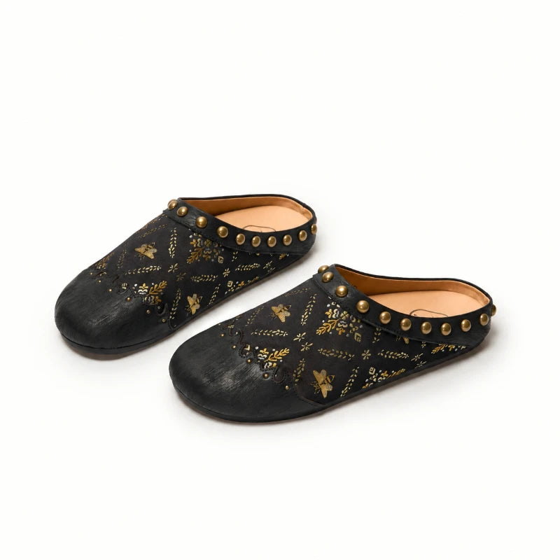Luxury black Shu Brocade mules for women featuring golden butterfly motifs, open-back silhouette, and elegant handcrafted silk textile design.