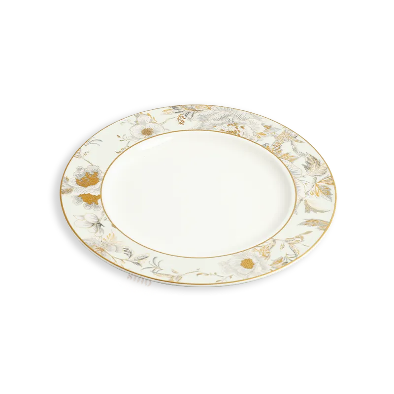 Close-up: Peony & Butterfly pattern on translucent Bone China Plate rim.