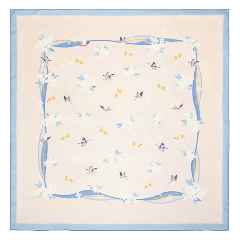 Luxury Butterfly Dream Print Mulberry Silk Square Scarf 65cm in beige with colorful butterflies, floral motifs and a soft blue border.