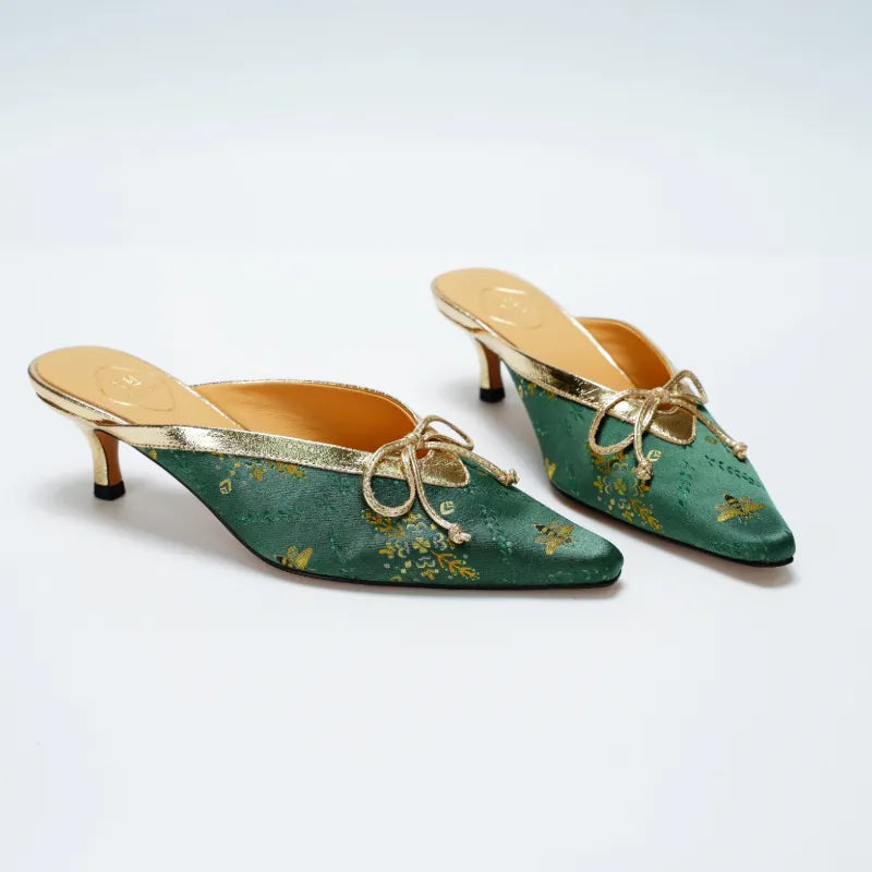 Luxury Chinese Shu Brocade emerald mule heels for women with gilded butterfly motif design.