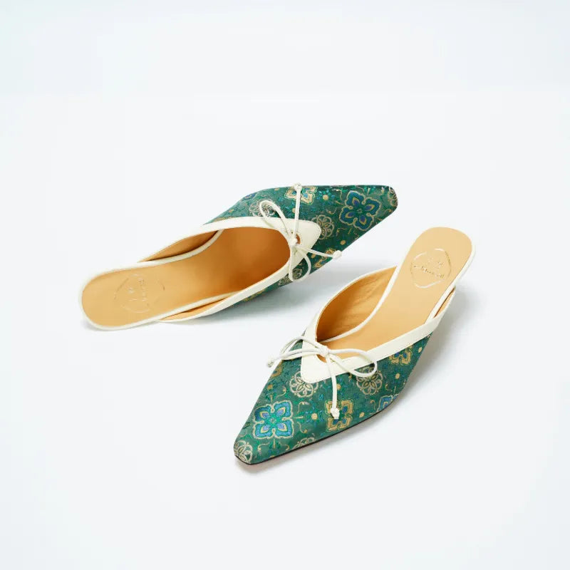 Luxury Chinese textile kitten heel mules crafted with Shu Brocade and traditional auspicious patterns.