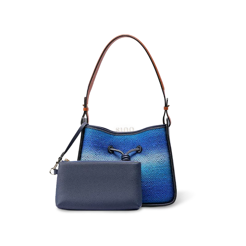 Front view of Luxury Chinoiserie Blue Starry Sky Zhuang Brocade Shoulder Bag on white background.