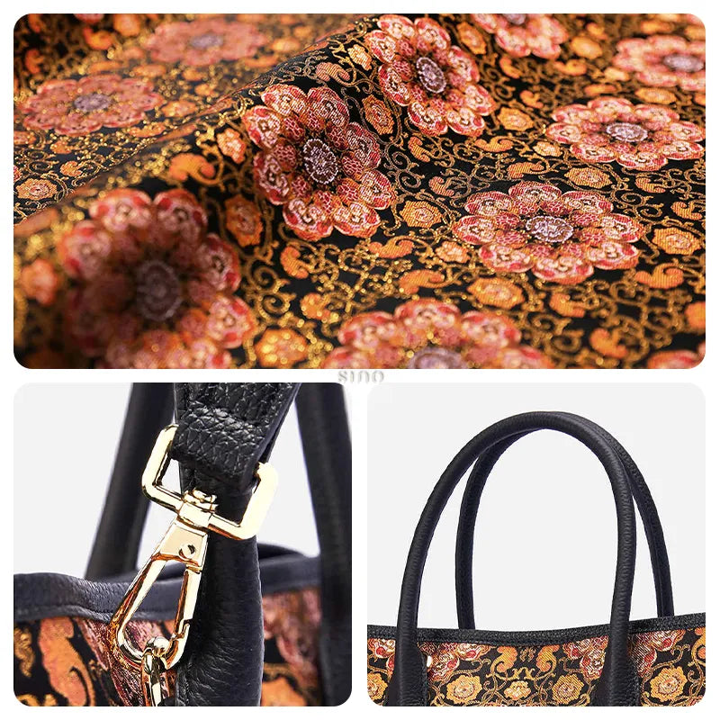 Detail collage of the Luxury Chinoiserie Dayun Brocade Pomegranate Motif Silk Handbag showing the pomegranate motif, handle hardware clasp, and top handle texture.