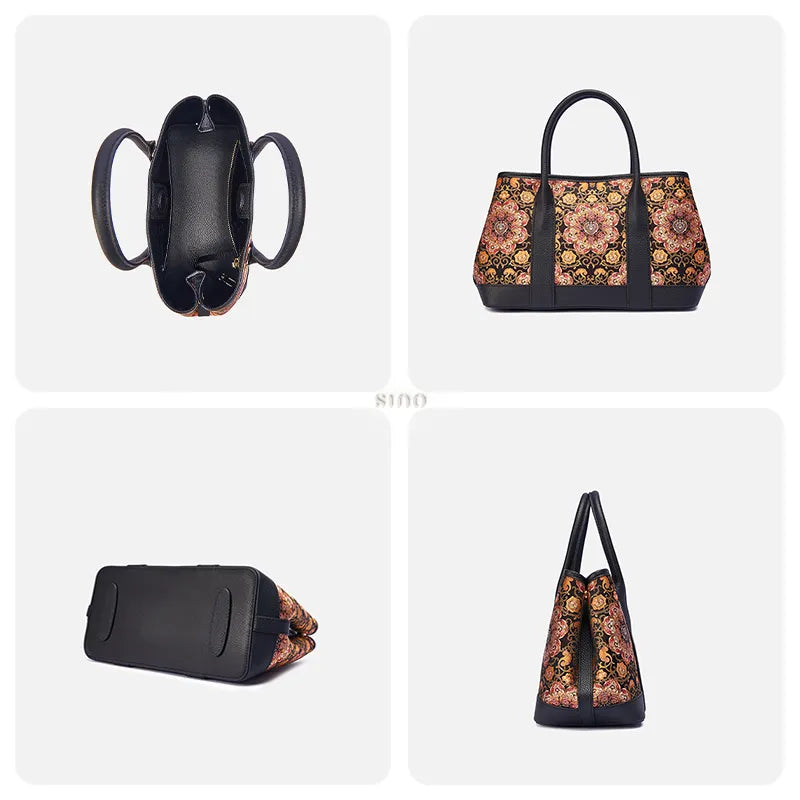 Detail collage of the Luxury Chinoiserie Dayun Brocade Pomegranate Motif Silk Handbag showing interior capacity, back leather texture, bottom detail, and side texture.