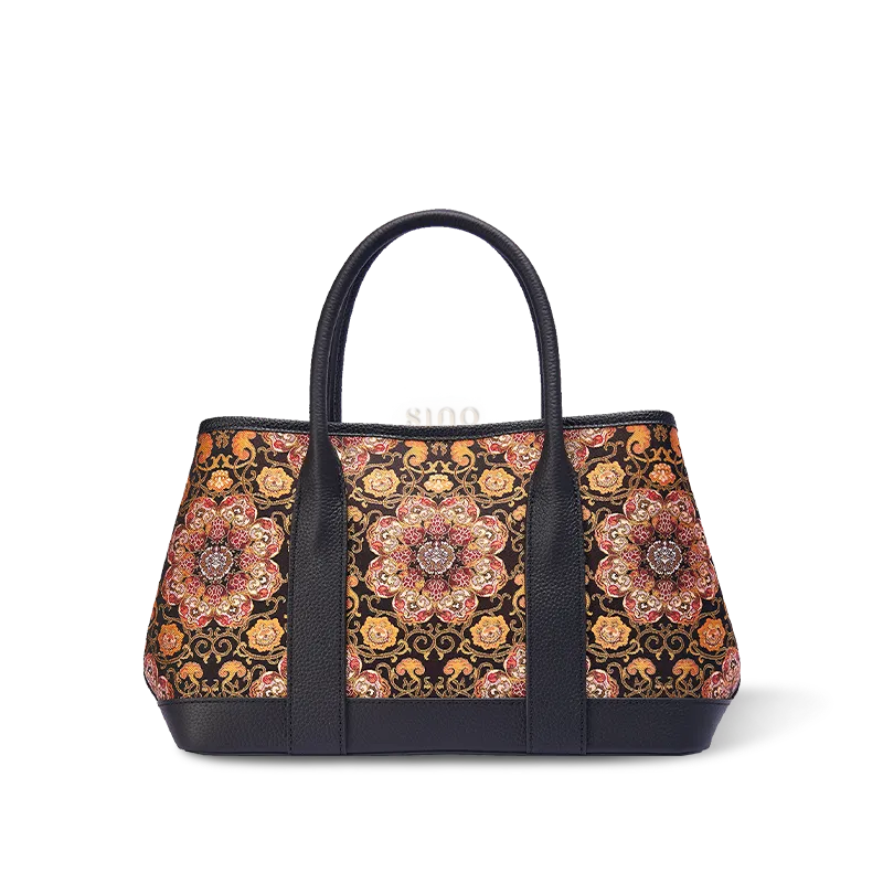 Front view of Luxury Chinoiserie Dayun Brocade Pomegranate Motif Silk Handbag on white background.