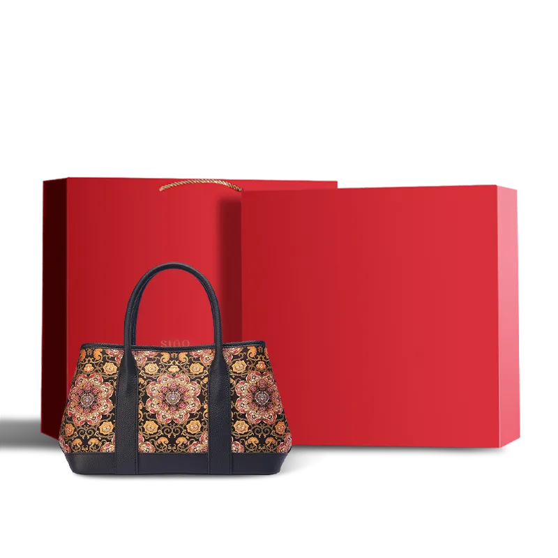 Luxury Chinoiserie Dayun Brocade Pomegranate Motif Silk Handbag with red gift box.