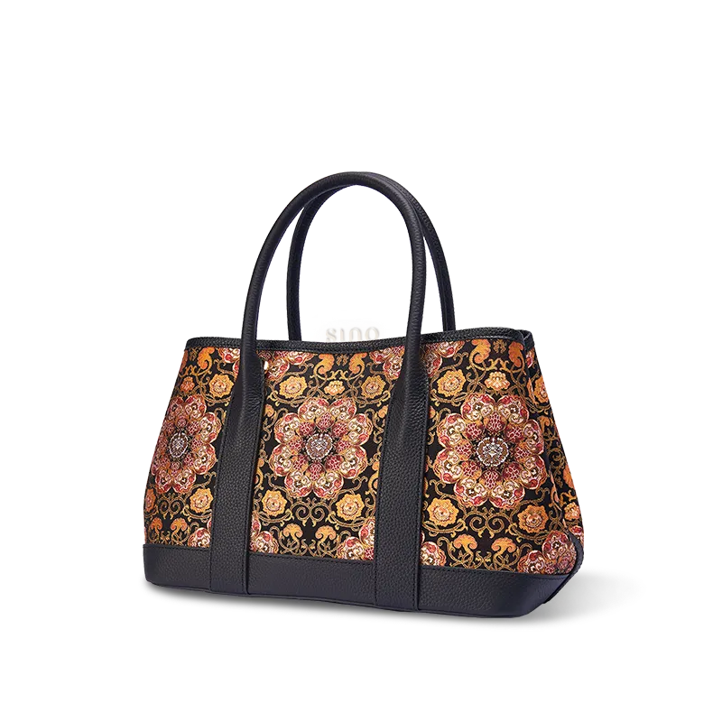 Side view of Luxury Chinoiserie Dayun Brocade Pomegranate Motif Silk Handbag on white background.