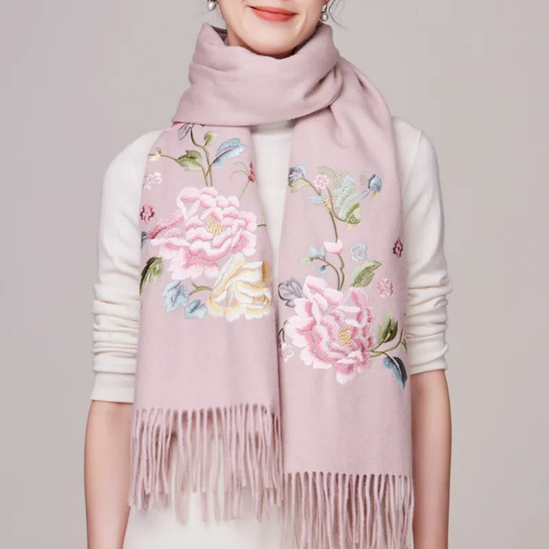 Luxury chinoiserie embroidery wool cashmere scarf in light pink, hydrangea peony pattern, two strands drape on model.