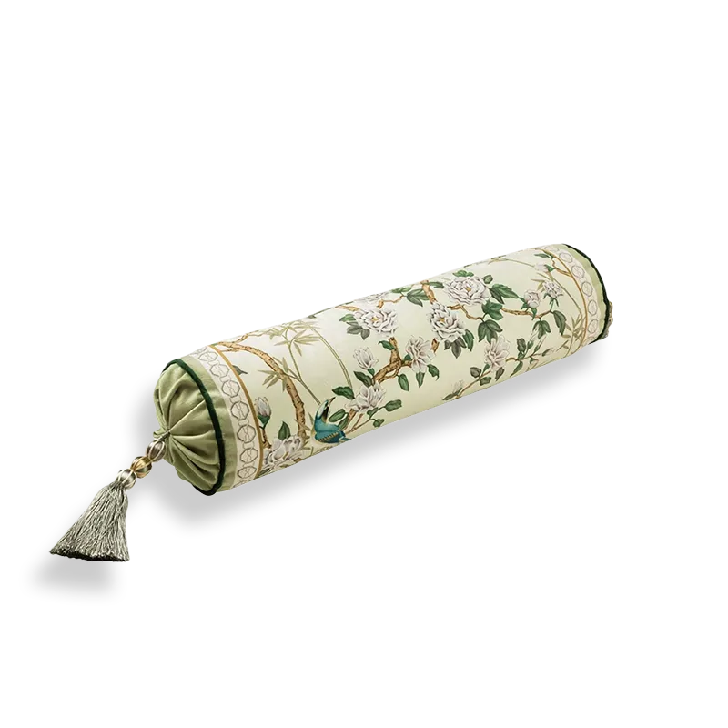 Armrest-shaped luxury chinoiserie jade green decorative throw pillow on white background.