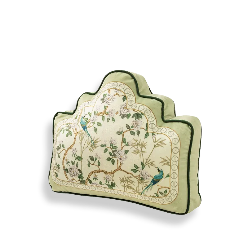 A style backrest-shaped luxury chinoiserie jade green decorative throw pillow on white background.