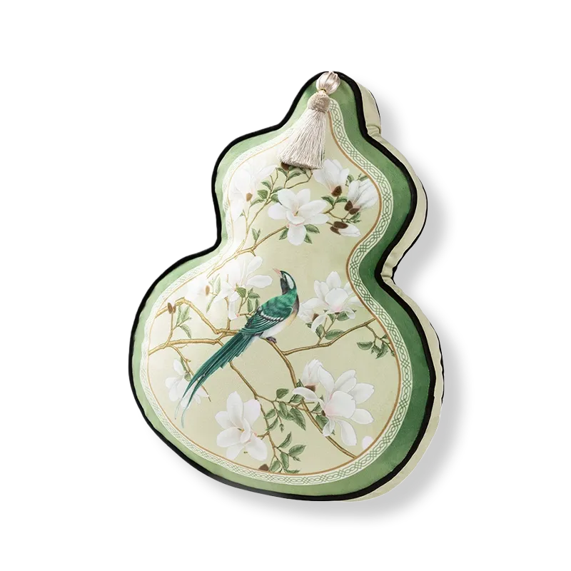 Gourd-shaped luxury chinoiserie jade green decorative throw pillow on white background.