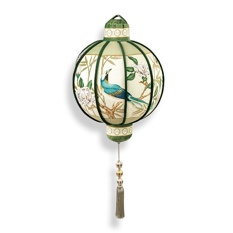 A style lantern-shaped luxury chinoiserie jade green decorative throw pillow on white background.