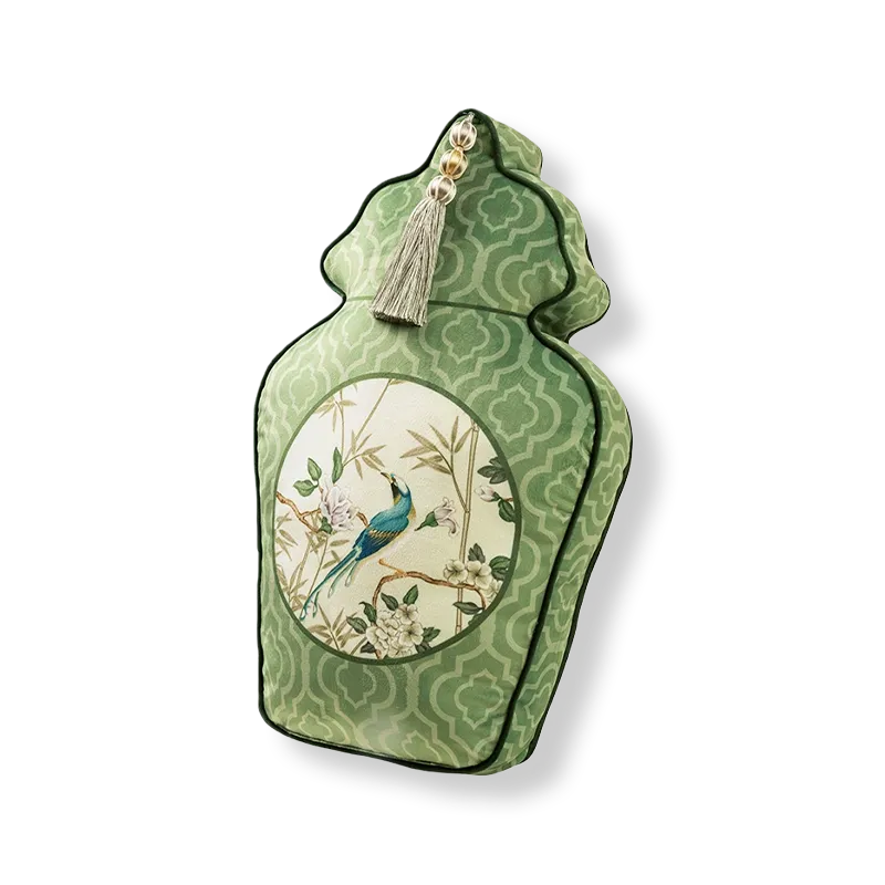 A style vase-shaped luxury chinoiserie jade green decorative throw pillow on white background.