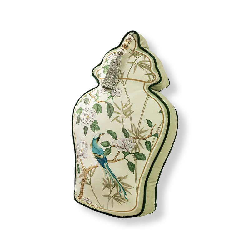 B style vase-shaped luxury chinoiserie jade green decorative throw pillow on white background.