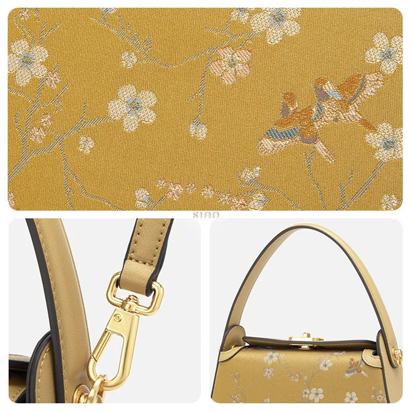 Detail collage of the Luxury Chinoiserie Song Brocade Magpie & Plum Blossom Handbag showing the magpie and plum blossom motif, metal clasp, and top handle texture.