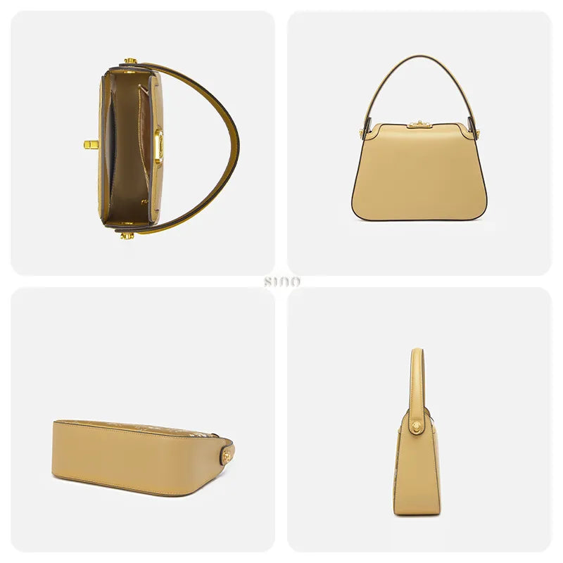 Detail collage of the Luxury Chinoiserie Song Brocade Magpie & Plum Blossom Handbag showing interior capacity, back leather texture, bottom detail, and side texture.