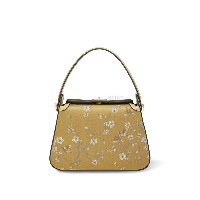 Front view of Luxury Chinoiserie Song Brocade Magpie & Plum Blossom Handbag on white background.
